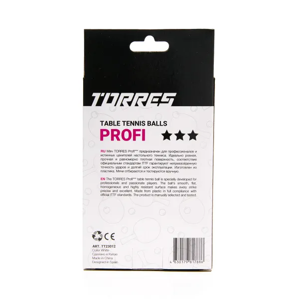 Мяч для наст. тенниса TORRES Profi 3*, TT23012, диам. 40+мм, упак. 6 шт, белый за 338.30 ₽ в Череповеце