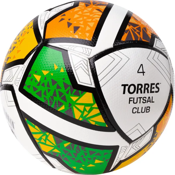 Мяч футзал. TORRES Futsal Club, FS323764, р.4, 10 пан. ПУ, 4 под. сл, гибрид. сш. бело-зел-оранж за 2&nbsp;264.40 ₽ в Череповеце